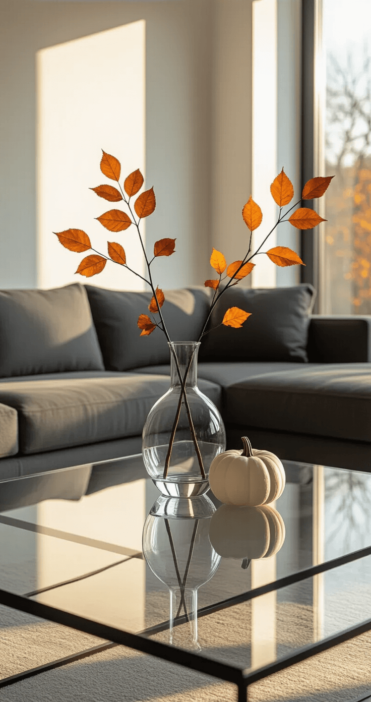 Eye-level shot of a minimalist coffee table with a clear glass surface, featuring a tall glass vase with three branches of autumn leaves and a small white pumpkin, all illuminated by golden hour light. Surrounding elements include a charcoal gray modular sofa and a sleek metal side table, with reflections in the glass emphasizing clean lines and a monochromatic palette of whites, grays, and natural wood tones.