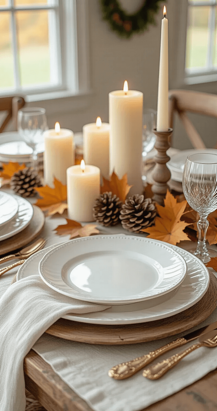 A soft focus image of a Thanksgiving tablescape showcasing vintage white plates, natural wood elements, and ivory and gold pillar candles, adorned with a neutral linen runner, autumn leaves, and pinecones, all bathed in gentle morning light.