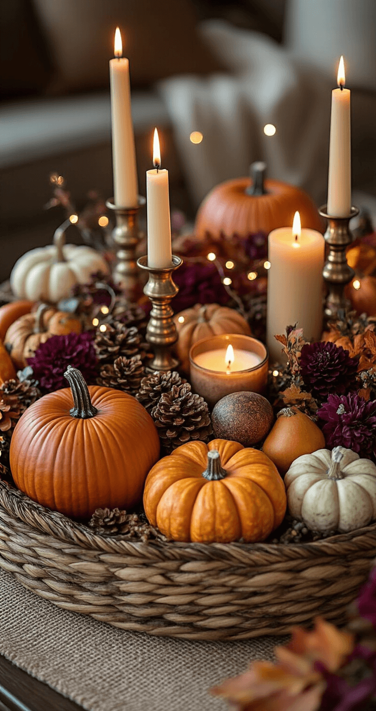 Close-up of a fall coffee table adorned with layered pumpkins and gourds in warm jewel tones, illuminated by flickering candlelight from brass candlesticks. Textures include ceramic, burlap, and natural elements, with fairy lights adding sparkle, shot at table height with a shallow depth of field.