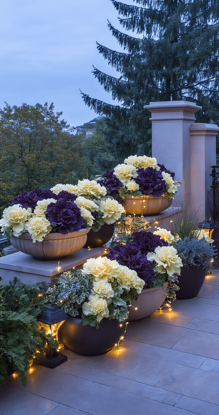 Sophisticated autumn container garden on a stone terrace, featuring tiered planters with ornamental kale in cream and deep purple, illuminated by battery-operated fairy lights in twilight blue hour, highlighting deep plum and silvery sage colors with dramatic shadows and reflective surfaces.