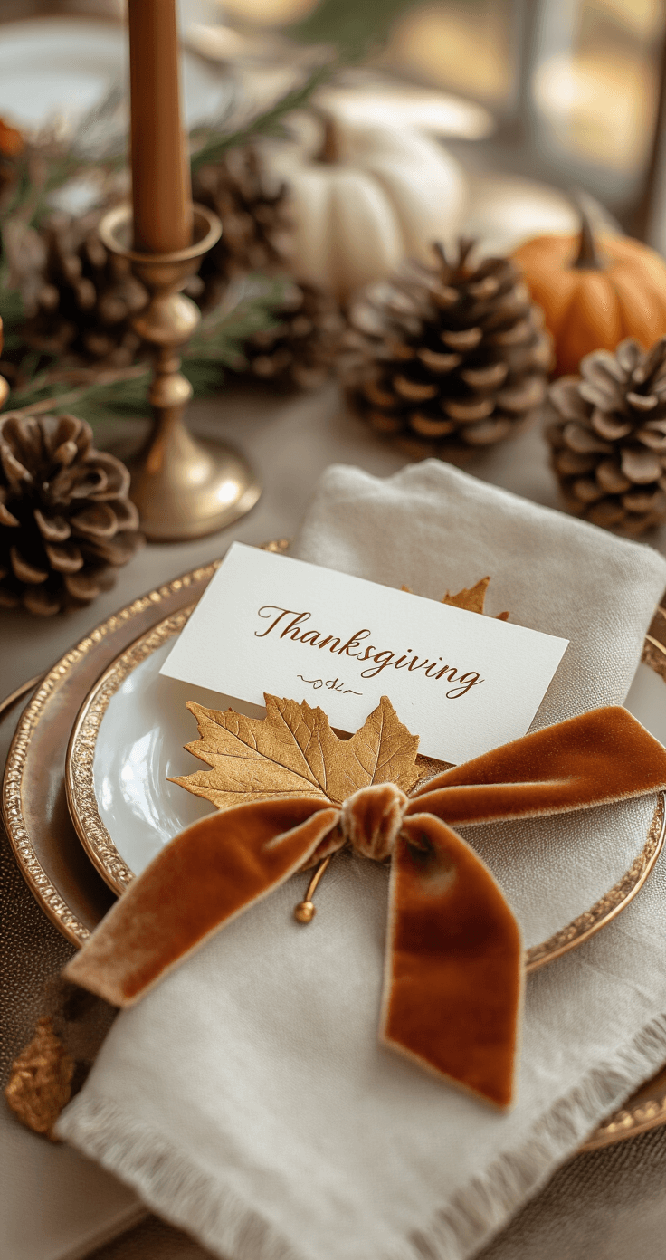 Close-up of a Thanksgiving place setting featuring a handwritten place card on a golden-edged autumn leaf, a linen napkin tied with velvet ribbon, and a vintage brass candleholder. The background is softly blurred with natural elements like pinecones and branches, illuminated by soft window light. The warm copper and cream color palette conveys an inviting and personal atmosphere.