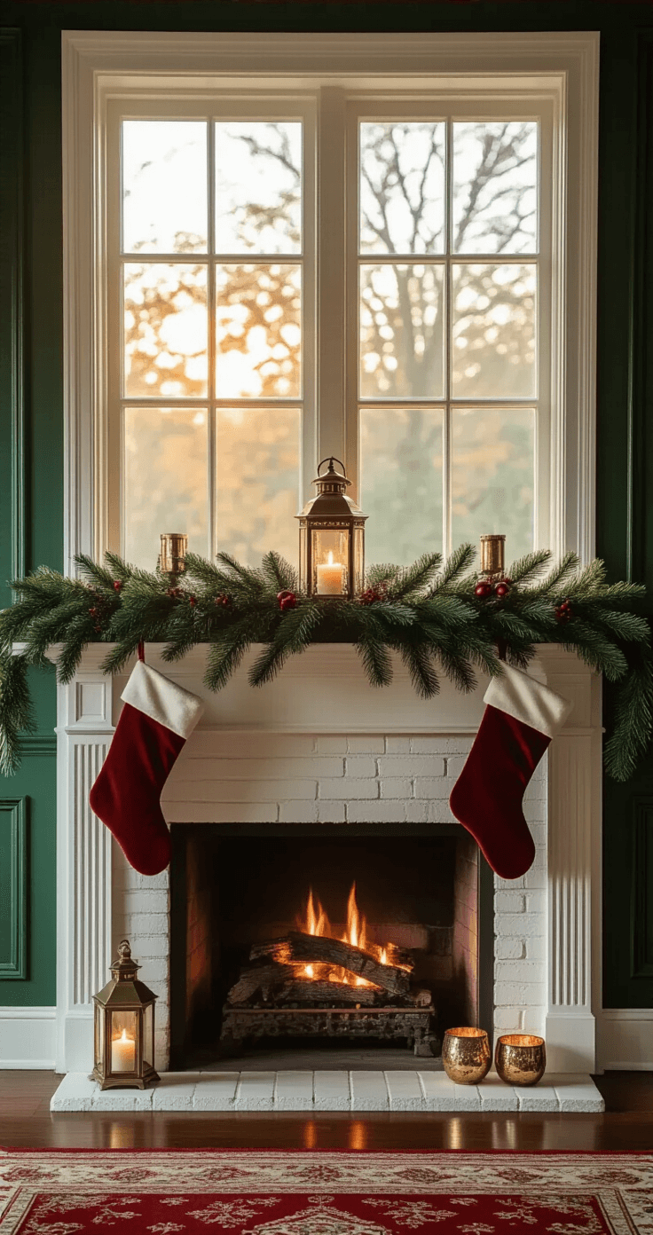 Cinematographic scene of a classic red-and-green Christmas fireplace mantel, featuring warm afternoon light, a luxurious pine garland, elegant red velvet stockings, vintage brass lantern, and mercury glass votives, set against deep forest green walls and a rich mahogany floor with a Persian-style holiday runner.