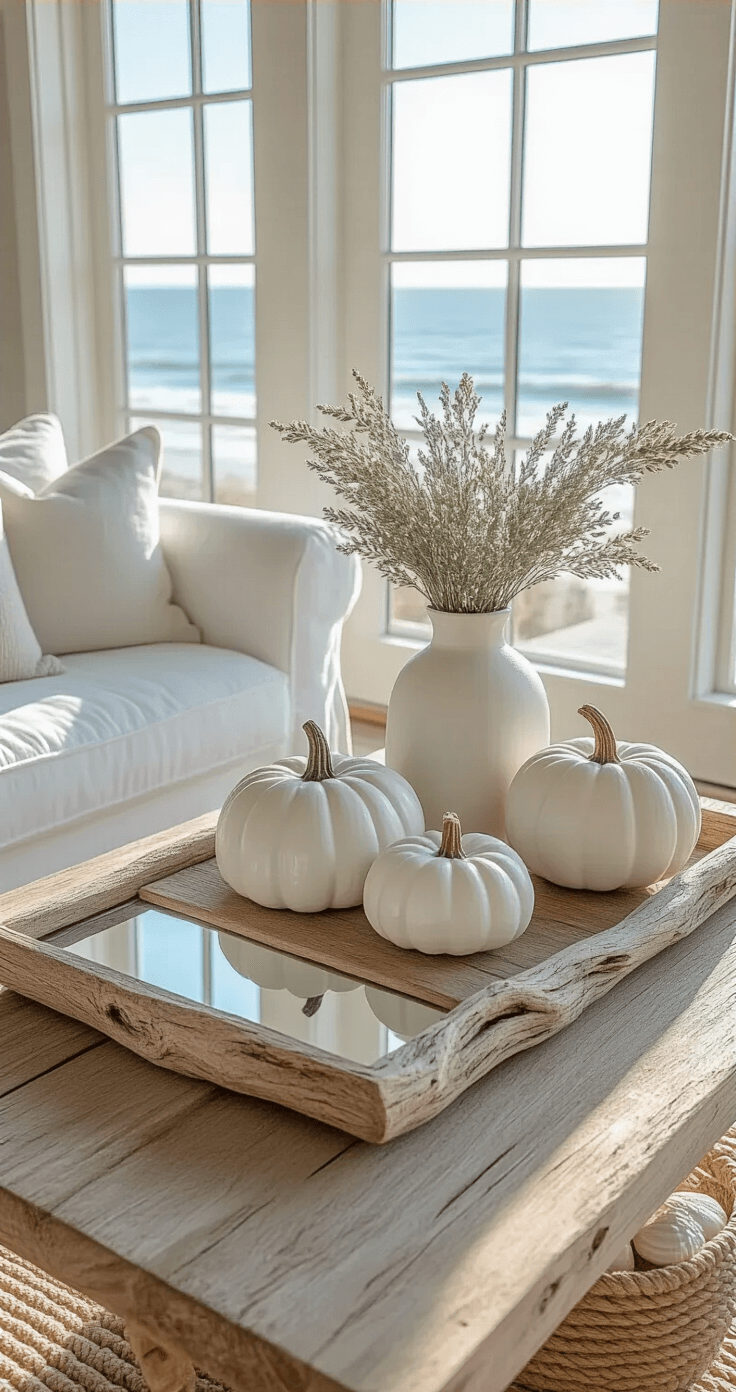 Coastal-inspired fall coffee table arrangement featuring driftwood, white ceramic pumpkins, and sage-colored dried stems, captured in bright morning light with ocean views through windows.
