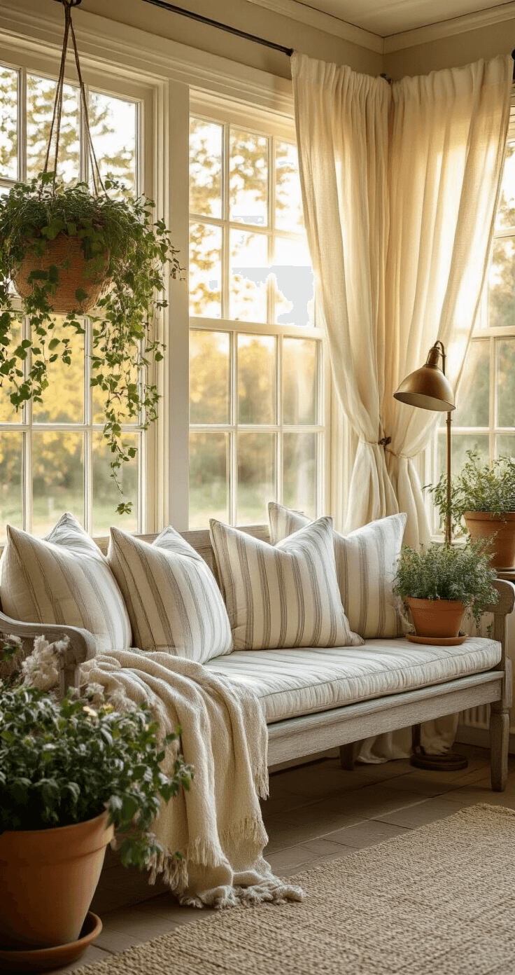 A cozy sunroom with a weathered wooden bench adorned with soft striped cushions, terracotta pots filled with trailing greenery, and a warm color palette of cream and sage. The afternoon light filters through sheer linen curtains, casting gentle shadows on the oak floor, while a textured wool throw and a vintage brass reading lamp add to the inviting atmosphere.