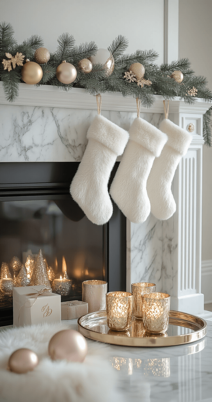 Sophisticated metallic Christmas decor featuring a sleek marble fireplace embellished with gold and champagne-toned ornaments on a eucalyptus garland, white fur stockings with gold monograms, clustered metallic candle holders on a mirrored tray, and blush pink ornaments, all set against minimalist modern furniture in cool winter light.
