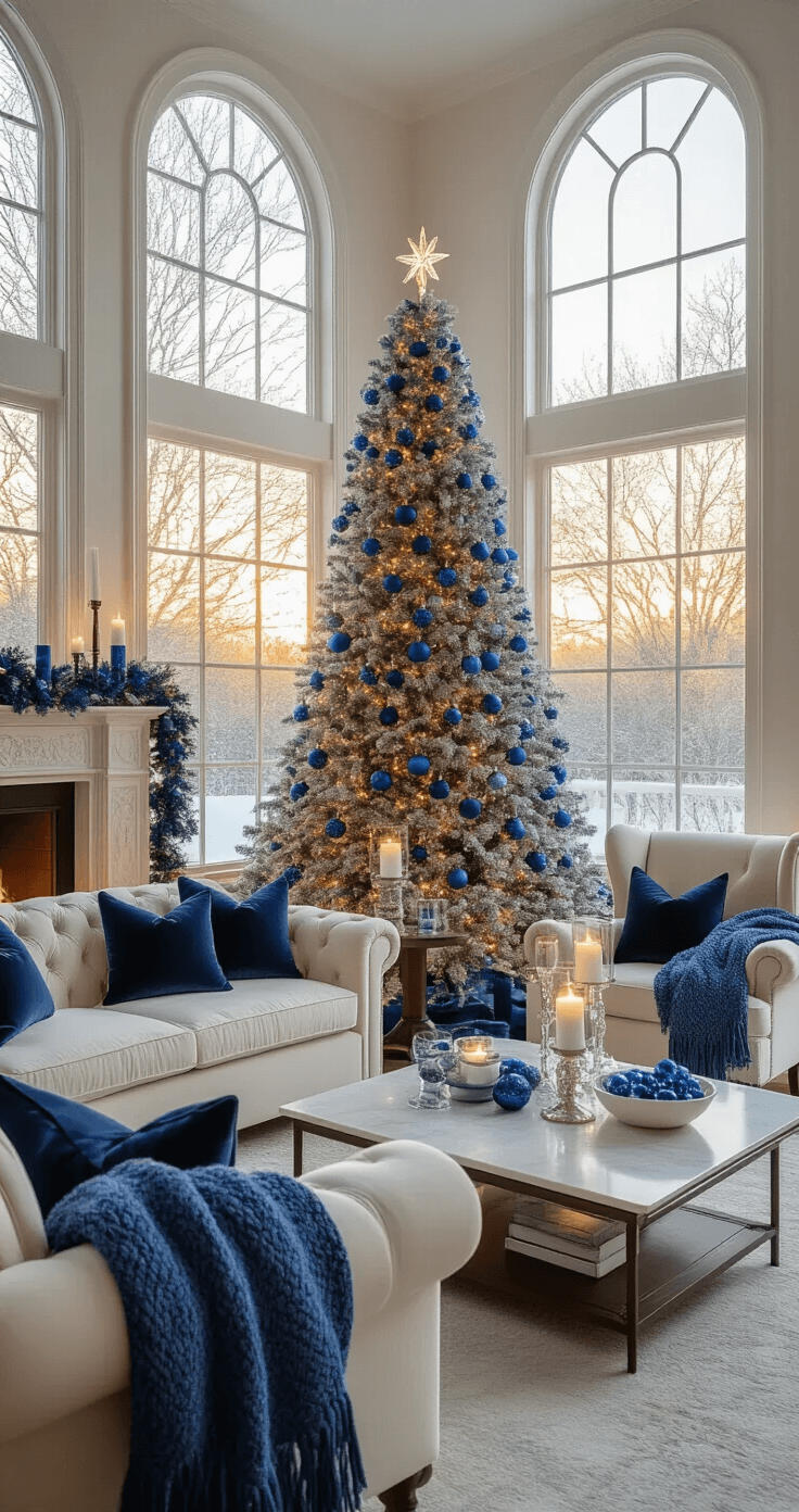 A spacious, elegantly decorated living room bathed in warm winter light, featuring cream sofas with navy blue cushions, a tall Christmas tree with blue ornaments, and flickering blue candles on dark wood tables, all creating an intimate holiday atmosphere.