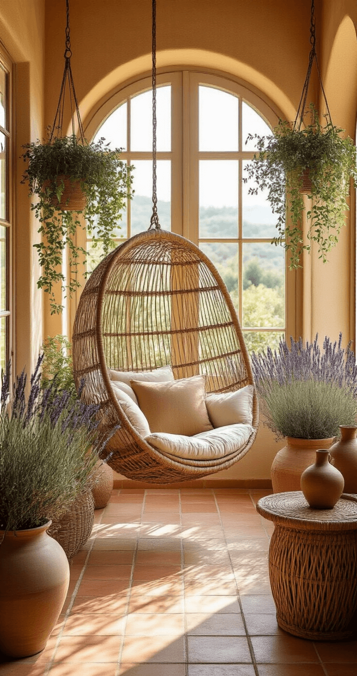 Mediterranean sunroom featuring a wicker hanging chair, terracotta tiles, potted olive and lavender plants, and sunlight illuminating earthy tones through arched windows.