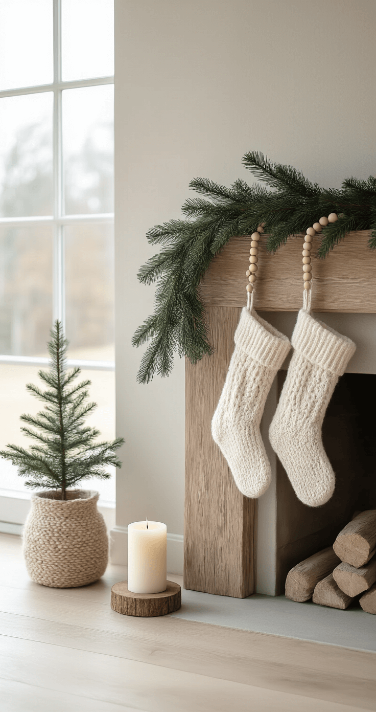 A minimalist Scandinavian fireplace scene featuring a raw wooden mantel adorned with fresh cedar garland and cream knit stockings, illuminated by soft natural light from large windows, with a pale wooden floor and greige walls, highlighting a rustic wooden candle holder and a potted pine sapling, all captured from a slightly off-center angle to emphasize negative space and natural textures.