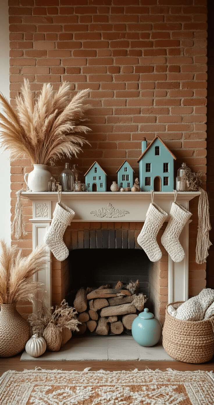 A boho eclectic fireplace styled with warm terracotta and cream colors, featuring dried pampas grass and vintage glass ornaments, macramé stockings hanging asymmetrically, dusty blue ceramic houses, and sage green accents, all illuminated by late afternoon golden light that casts dramatic shadows against an exposed brick backdrop, with layered textiles and vintage rugs enhancing the composition.