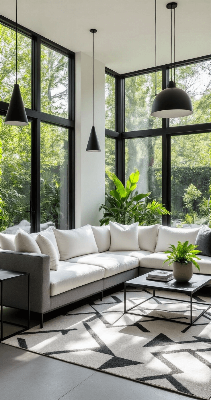 Minimalist modern sunroom featuring floor-to-ceiling windows with a lush garden view, a sleek gray sectional with white cushions, black metal side tables, a geometric monochromatic area rug, and dramatic low-hanging pendant lights illuminating sculptural plants and abstract art.