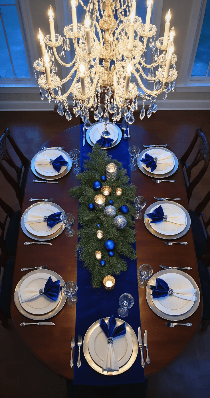 Overhead shot of an elegant dining room table set for dinner, featuring a deep navy table runner on a mahogany table, silver chargers reflecting candlelight, white bone china, and royal blue satin ribbon-tied napkins. An elaborate centerpiece of fresh pine garland, icy blue bobbles, and mercury glass votives, with navy taper candles in antique silver holders, all illuminated by warm chandelier light during the evening blue hour.
