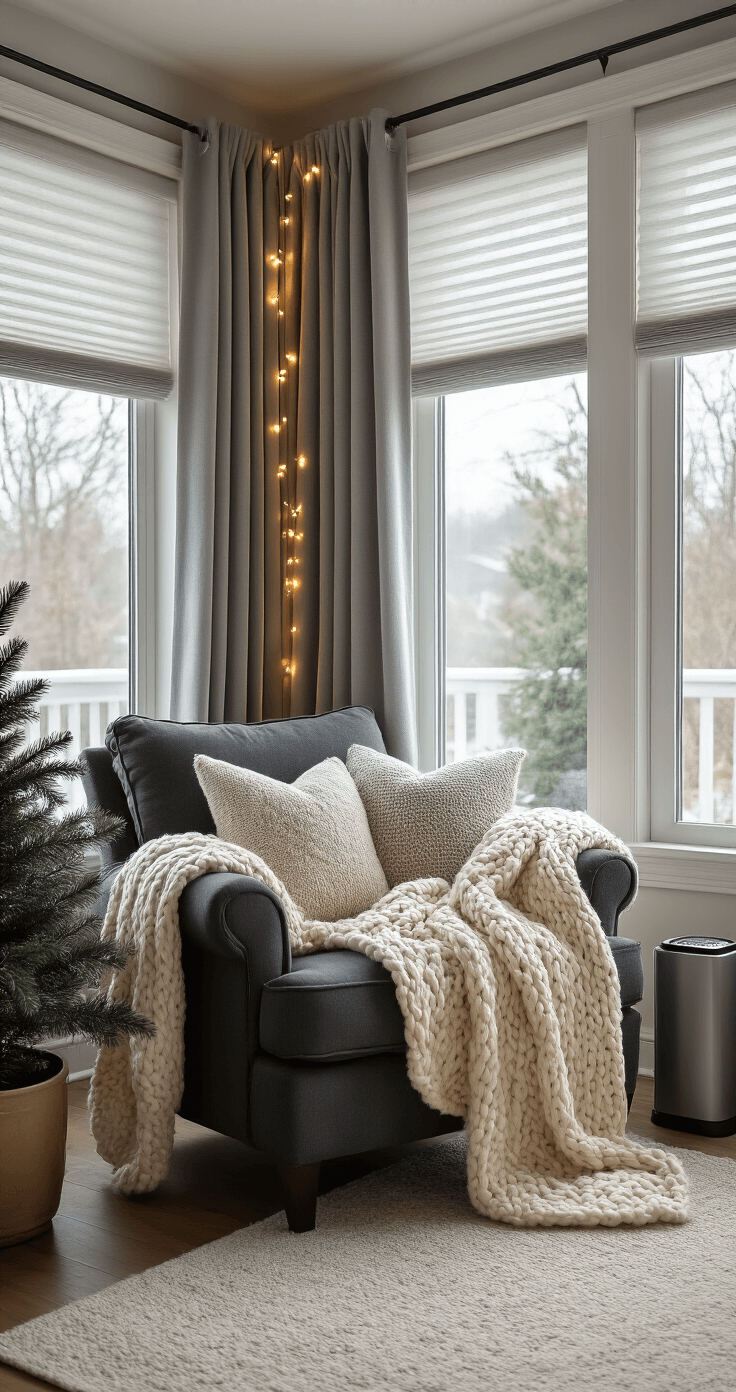 Cozy winter sunroom with layered textures, featuring partially drawn cellular shades and soft gray thermal curtains. A plush oversized deep charcoal armchair adorned with a cream chunky knit throw, a discreet space heater, and warm string lights, complemented by potted evergreen branches, creating an intimate atmosphere.