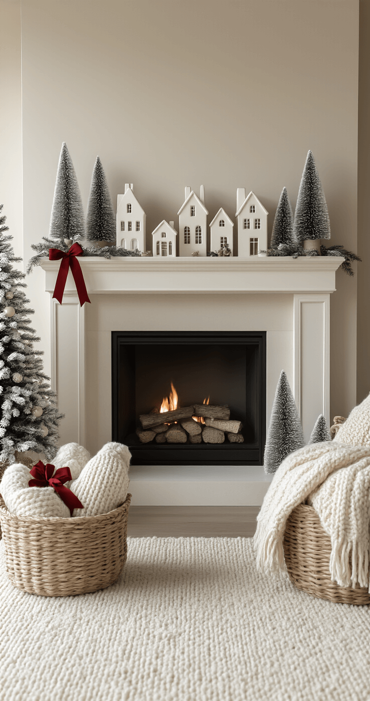 A modern Christmas fireplace design featuring warm taupe and cream tones, with graduated bottle brush trees, white ceramic village houses, rolled wool blankets in woven baskets, minimal red ribbon accents, and soft lighting, presented from an elevated perspective.