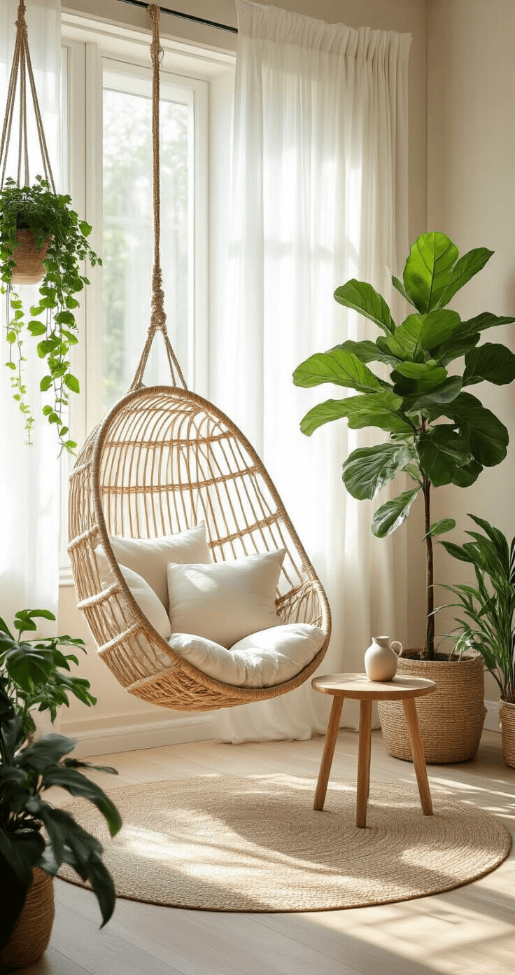 A serene sunroom filled with strategically placed plants, featuring a large fiddle leaf fig in the corner, macramé planters with trailing pothos, and morning light casting dappled shadows on light wooden floors, complemented by a rattan hanging chair and a small wooden side table with a ceramic plant mister, all in a soft green and neutral palette.