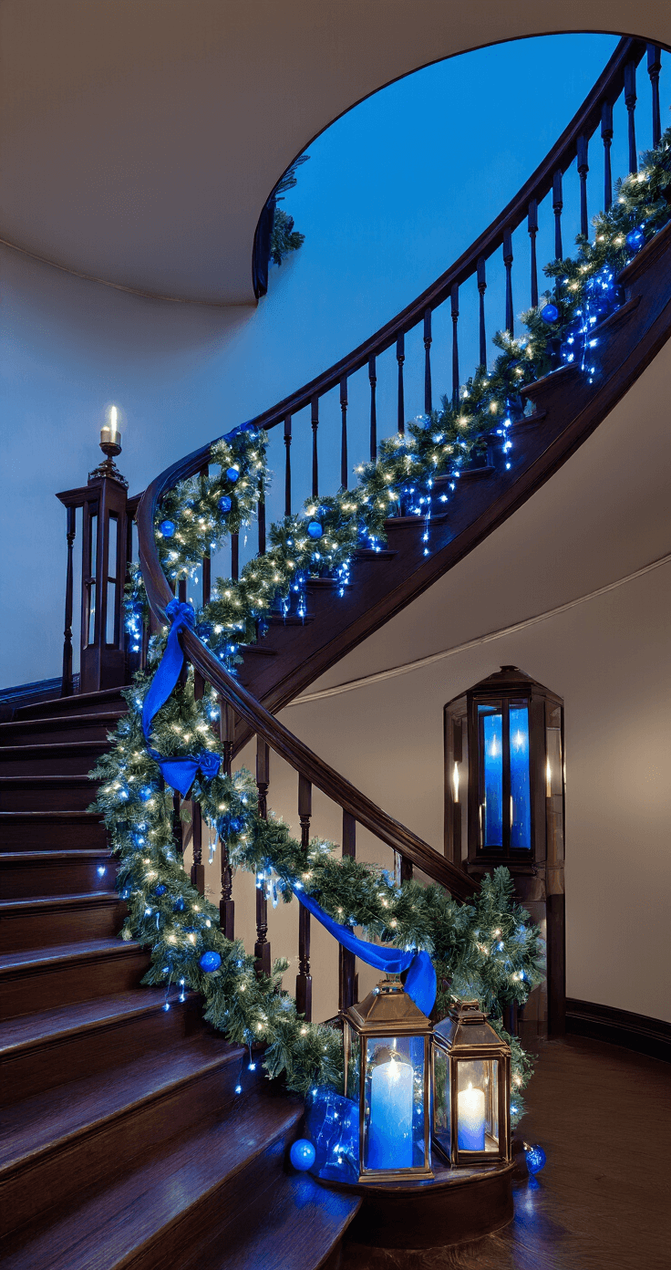 A low-angle dramatic shot of a curved staircase at twilight, featuring accent lighting that highlights architectural details. The dark wooden banister is wrapped in lush garland intertwined with cool white and blue LED string lights, while shimmering cobalt blue fabric ribbons cascade down the railings. Small glass ornaments in varying blue tones hang throughout, and antique brass lanterns with blue pillar candles are placed on alternating steps, creating a rhythm amidst deep shadows that emphasize the staircase's elegant curves.