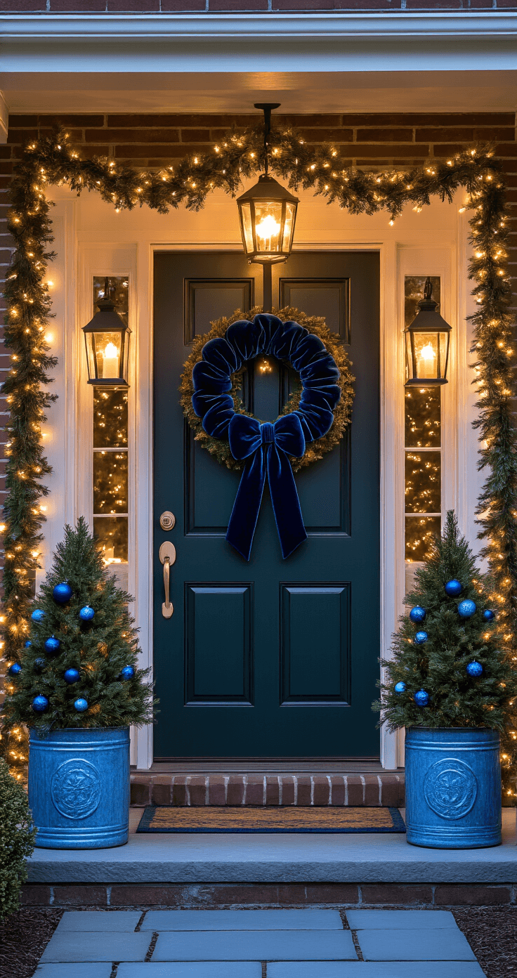 Welcoming front entrance during golden hour, featuring a dark green door with an oversized navy velvet bow wreath, fresh garland with white lights, blue ceramic lanterns with battery candles, and potted evergreen trees in galvanized planters with blue ornaments, all illuminated by soft blue pathway lights.