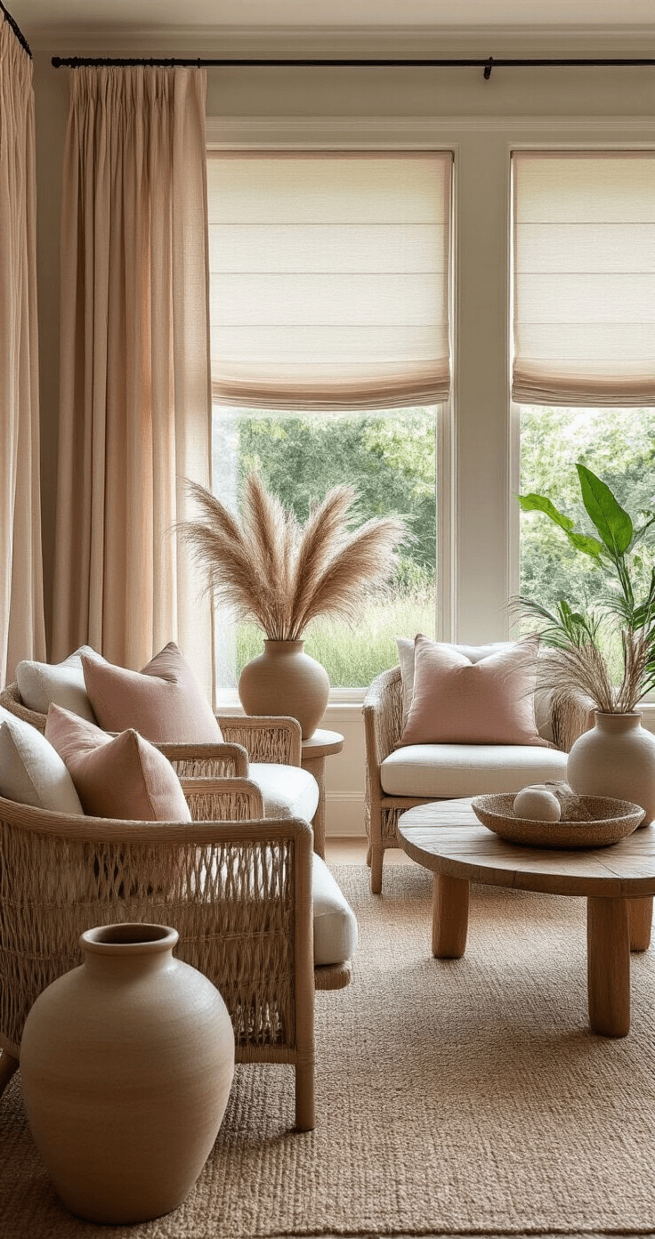 A sunroom featuring transitional design elements, with partially lowered cellular shades, soft blush linen curtains, deep-seated chairs with neutral cushions, large ceramic vases with pampas grass, and strategically placed floor plants for privacy, all illuminated by soft ambient lighting.