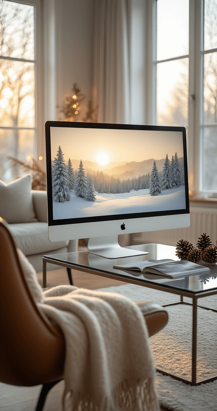 Ultra-detailed living room interior bathed in warm golden hour light, featuring frosted windows and a large iMac displaying a minimalist snowy landscape against sophisticated holiday wallpaper, surrounded by mid-century modern furniture in muted grays and whites, a cashmere throw on a leather armchair, and a glass coffee table adorned with a pine cone arrangement, Leica camera, and design magazine, all captured in high-resolution 4K with shallow depth of field.