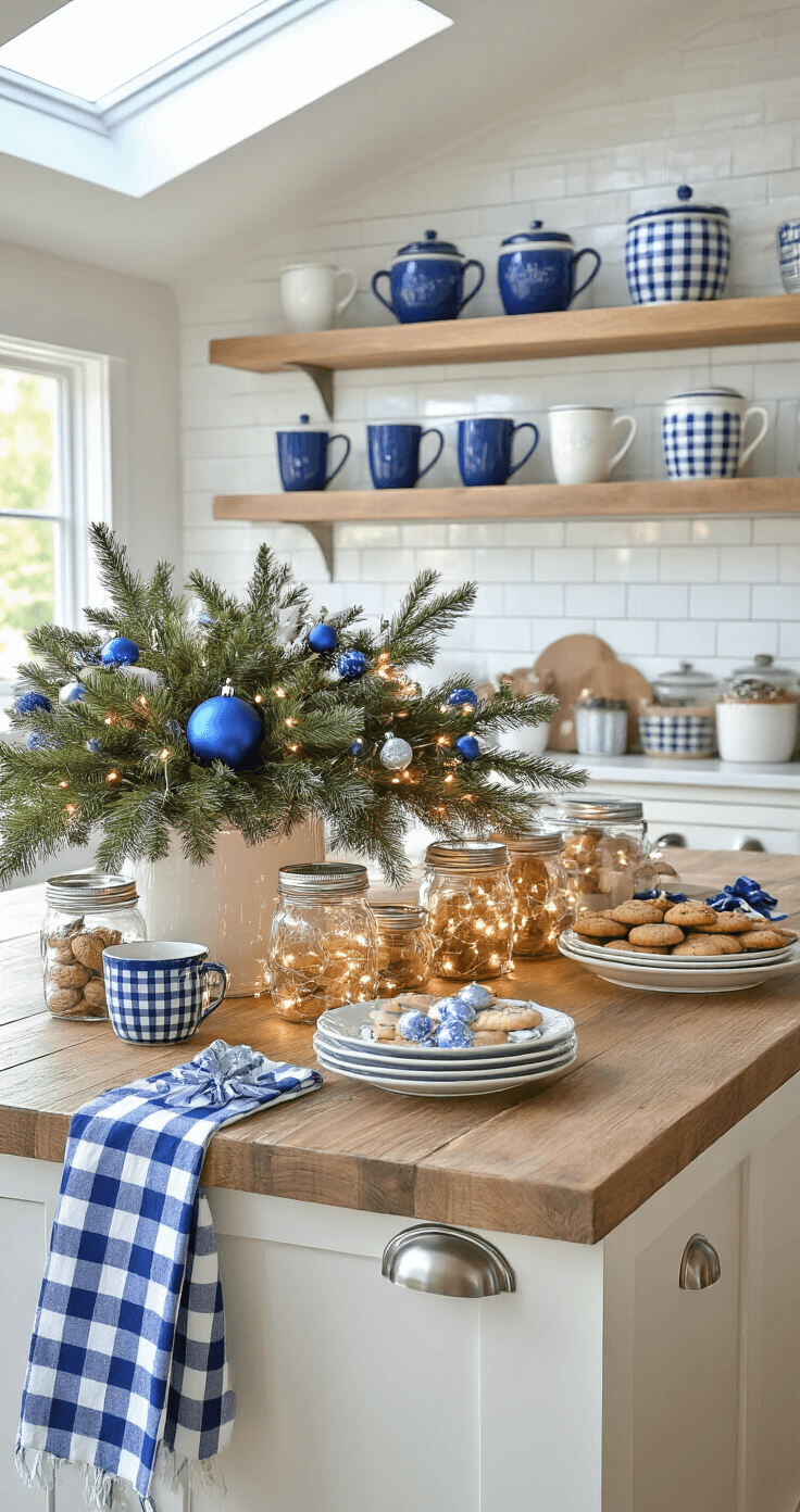 Wide shot of a rustic kitchen island bathed in afternoon light, featuring a vibrant holiday centerpiece with greenery and blue glass ornaments, adorned with fairy lights. Blue and white checkered dish towels hang from brushed nickel hardware, while shelves display ceramic mugs in varying blue tones. Blue and white cookie jars filled with treats and navy-wrapped gifts with silver bows are artfully arranged, complemented by a clean backdrop of white subway tiles and warm wood accents.