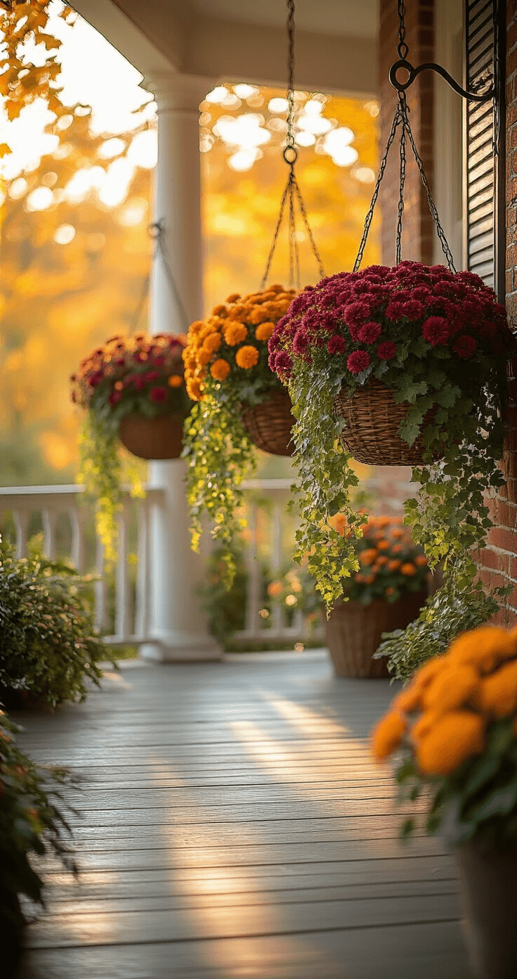 An ultra-detailed autumn porch scene featuring vibrant hanging baskets in burgundy, orange, and cream tones, with soft afternoon sunlight filtering through ornamental grasses and cascading ivy. The weathered wooden floor and wrought iron hooks complement the textures of ruffled mums and kale rosettes, set against a warm, soft-focus vintage brick home exterior. The cinematic lighting enhances the dreamy, nostalgic atmosphere.