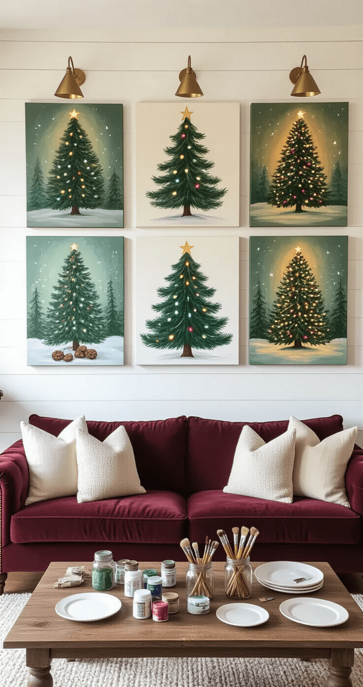 Cozy living room with a white shiplap accent wall displaying handmade Christmas tree paintings, illuminated by golden hour sunlight. A rich burgundy velvet sofa with cream throw pillows sits below the artwork, alongside a rustic oak coffee table filled with painting supplies. Warm brass picture lights highlight the festive tree canvases in traditional greens with colorful lights, set against a deep forest green and cream color palette with gold metallic accents.