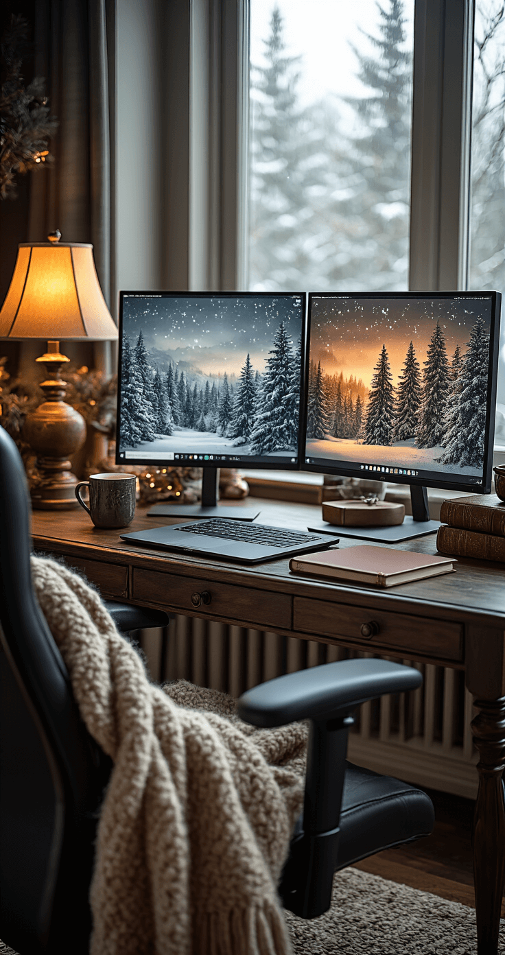 A cozy home office with dark walnut desk and multiple digital screens showcasing winter wallpapers, warm lighting from an amber lamp, luxurious throw on an ergonomic chair, MacBook Pro with festive background, artisan mug with steam, all in deep greens, grays, and bronze tones.