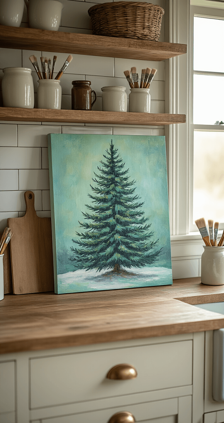 Close-up of a farmhouse kitchen interior featuring a Christmas tree painting propped on open shelving above a vintage wooden counter, illuminated by soft morning light. The artwork, with opalescent turquoise and purple glazes on a dark green base, complements the white subway tile backsplash and natural wood shelves adorned with ceramic crocks of paint brushes. Surrounding art supplies and canvas boards create an inviting creative atmosphere, accented by creamy white cabinets with brass hardware, all in a color palette of sage green, warm white, and natural wood tones.