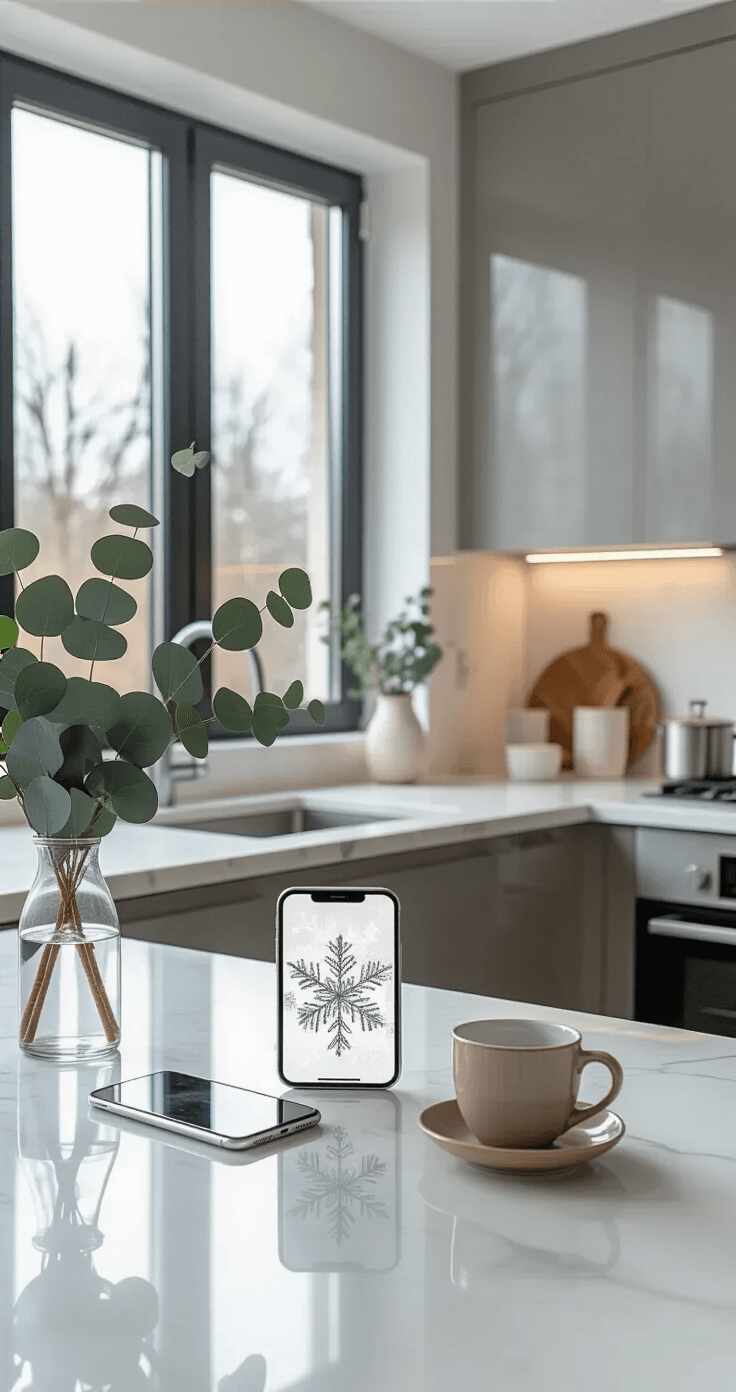 A modern minimalist kitchen featuring white marble countertops, stainless steel appliances, and large windows providing natural light, with a smartphone and tablet displaying winter-themed wallpapers, ceramic espresso cups, and fresh eucalyptus in a glass vase, all captured with high-contrast composition and precise geometric framing.