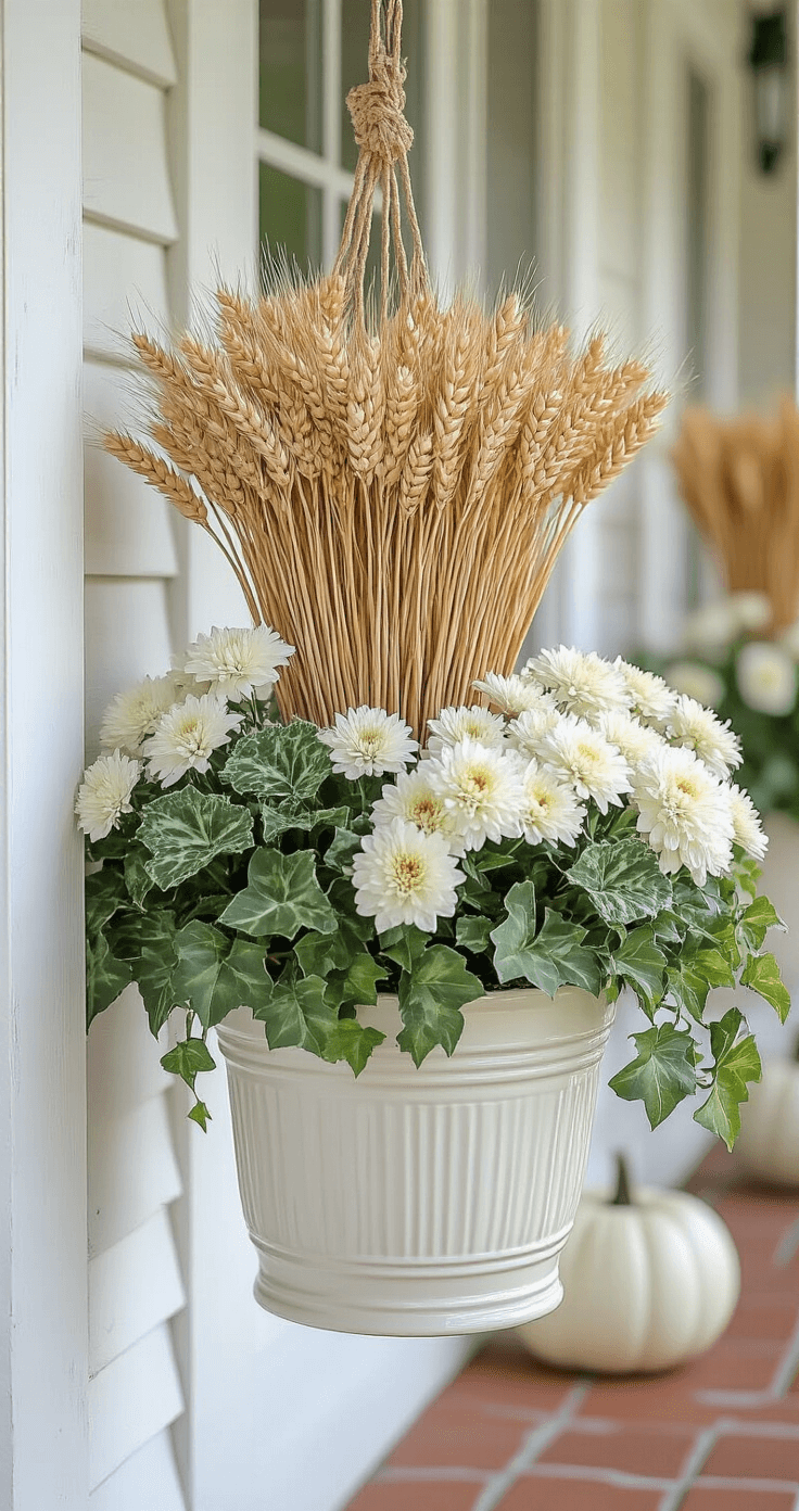 Rustic farmhouse front porch featuring hanging baskets with white ceramic containers, dried wheat stalks, creamy white mums, pale green ornamental cabbage, and variegated ivy, accented by burlap ribbons and small white pumpkins, with soft morning light casting gentle shadows on distressed wooden railings and weathered terra cotta tiles.