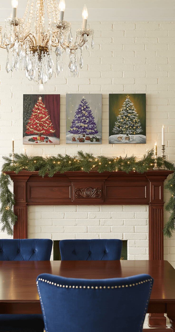 An elegant dining room mantelpiece decorated with miniature 6x6 Christmas tree paintings in various color schemes, illuminated by evening ambient light from a crystal chandelier and string lights. The rich mahogany mantel sits against a cream brick fireplace, with a fresh evergreen garland draping between the artworks. In the foreground, formal dining chairs with navy velvet upholstery enhance the luxurious atmosphere of deep jewel tones and warm candlelight.
