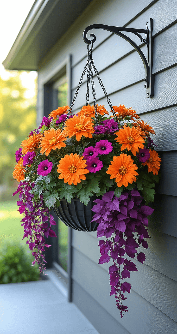 A vibrant hanging basket arrangement featuring bold orange mums, magenta Million Bells, deep purple ornamental peppers, and cascading rich purple verbena, set against a charcoal gray modern home exterior with sleek black metal brackets and a contemporary concrete porch, illuminated by late afternoon side-lighting.