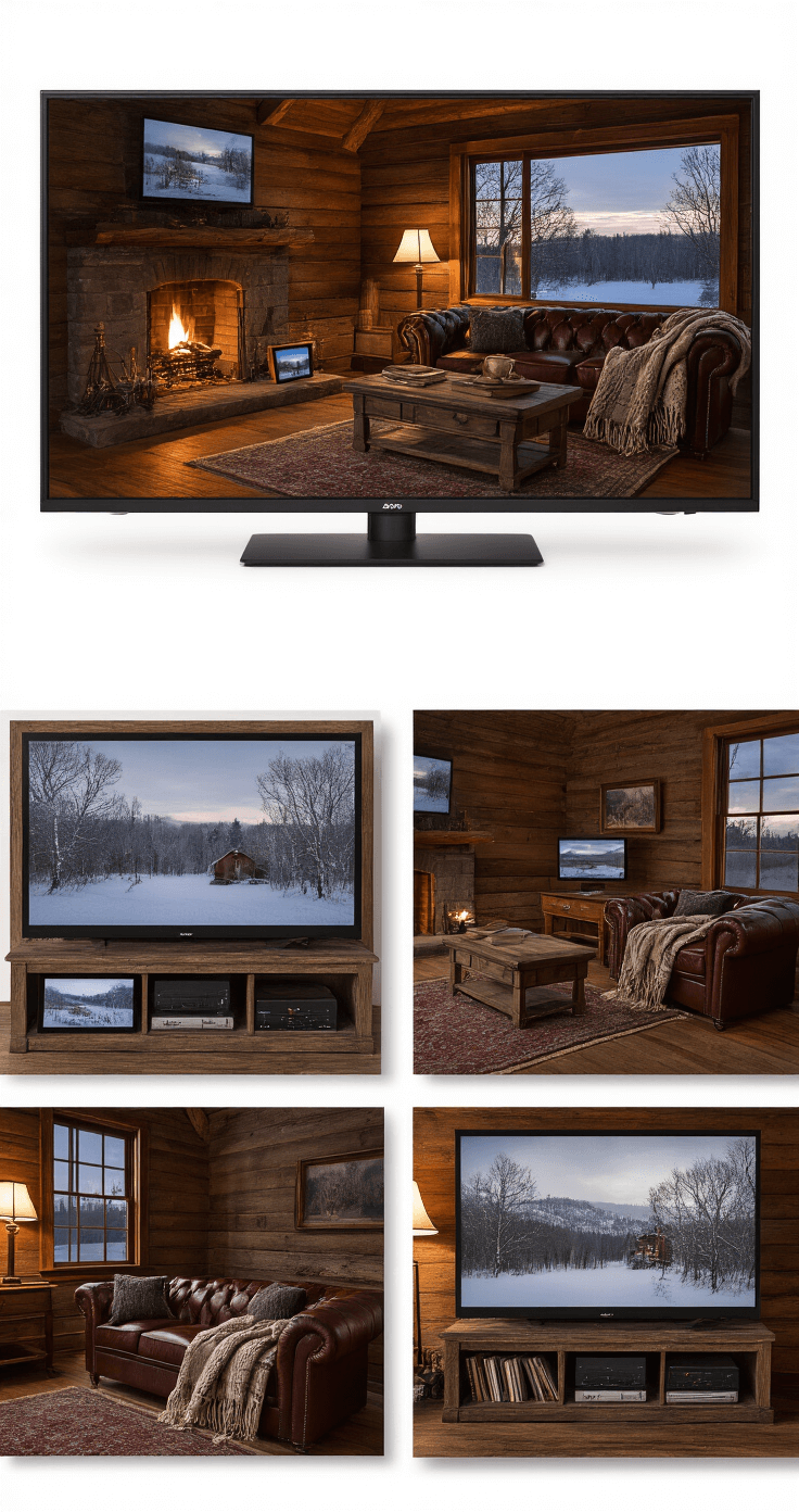 A cozy rustic cabin living room at twilight, featuring a leather Chesterfield sofa draped with a handwoven wool blanket, a warm fireplace glow, a large wooden display showcasing digital devices with vintage winter landscapes, and an antique brass reading lamp, all set against distressed hardwood floors and a muted color palette of deep burgundy, forest green, and warm cedar tones.