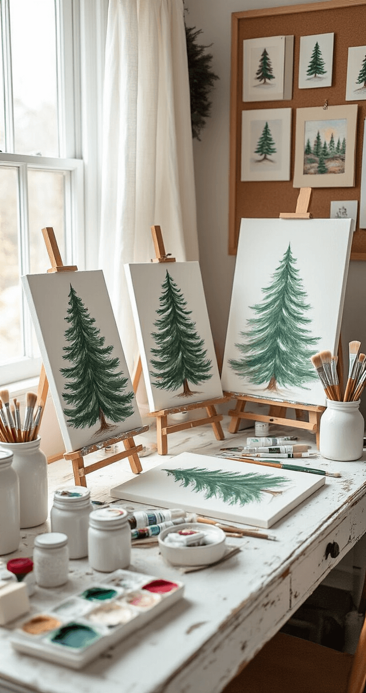 A cozy craft room corner with a distressed white wooden desk and afternoon light filtering through sheer curtains, showcasing table easels with unfinished Christmas tree paintings, organized art supplies in vintage jars, and a cork board displaying finished mini paintings in a soft neutral palette accented by traditional Christmas colors.