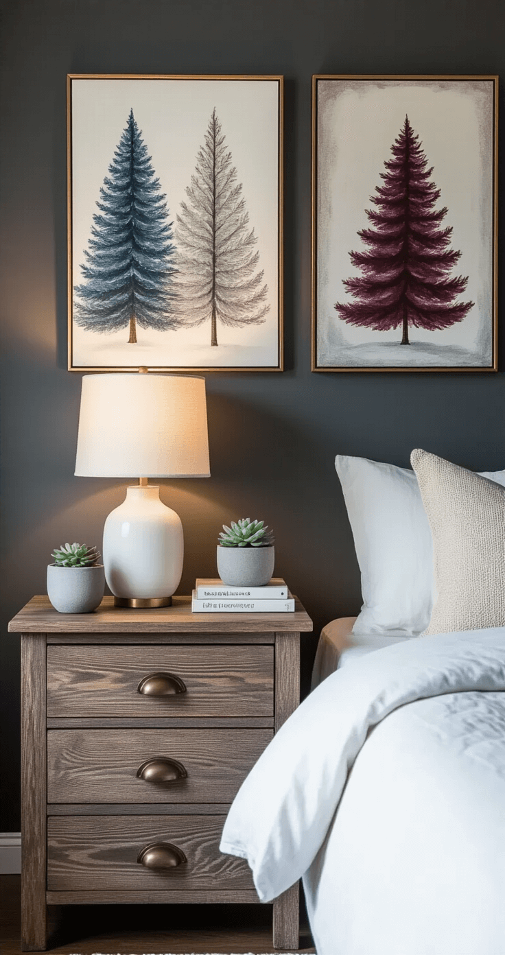A cozy master bedroom nightstand vignette featuring seasonal Christmas tree art in non-traditional colors, a plush bedside lamp casting warm light, a white ceramic lamp with a linen shade, a small succulent in a concrete planter, art books, and rumpled white linen bedding, all against a charcoal gray accent wall.