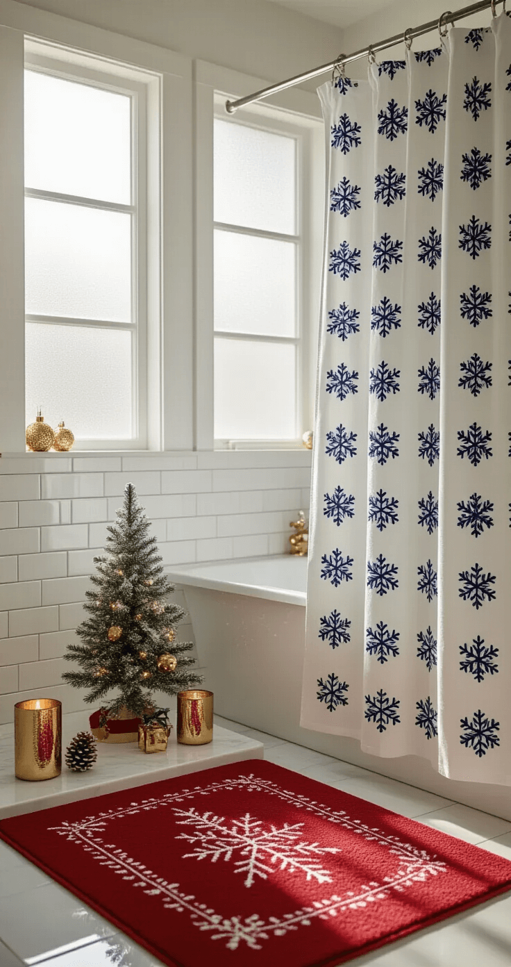 A cozy, photorealistic bathroom interior featuring a festive shower curtain with snowflake patterns, classic subway tile walls, and a red bath mat. A small pre-lit Christmas tree decorates the marble countertop alongside gold candle holders and pine cone ornaments, all illuminated by soft morning light.
