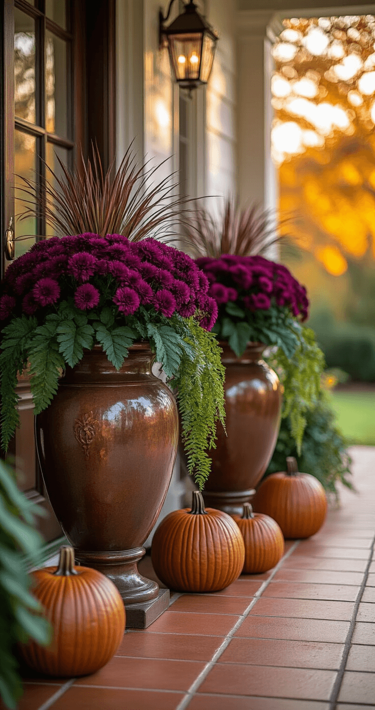 A luxurious front porch at golden hour featuring large ceramic urns filled with purple fountain grass, burgundy mums, and trailing sweet potato vine, surrounded by copper-painted ceramic pumpkins. The scene includes a terracotta tile floor and a weathered wooden door, with soft background of maple trees showcasing vibrant autumn leaves.