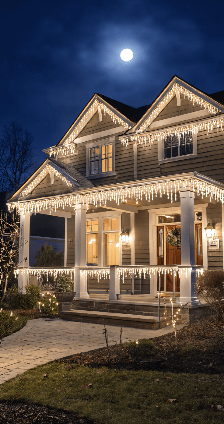 Cinematic night scene of a modern suburban craftsman house adorned with professional LED Christmas lights, showcasing warm white icicle lights and C9 bulbs along the roofline, with soft moonlight and landscape lighting casting dramatic shadows, while string lights accentuate porch features and GFCI outlets remain discreetly hidden.