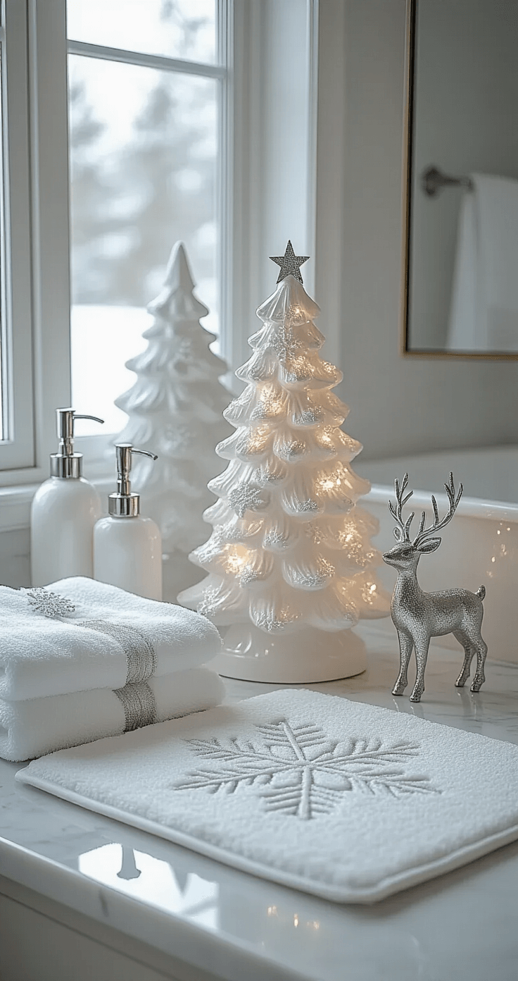 An elegant winter-themed bathroom featuring a white color palette, silver decorative elements, marble countertops with a minimalist pre-lit white Christmas tree, frosted glass soap dispensers, metallic reindeer figurines, shimmering white towels with silver snowflake patterns, and a large frameless mirror reflecting soft ambient lighting, all illuminated by gentle natural light.