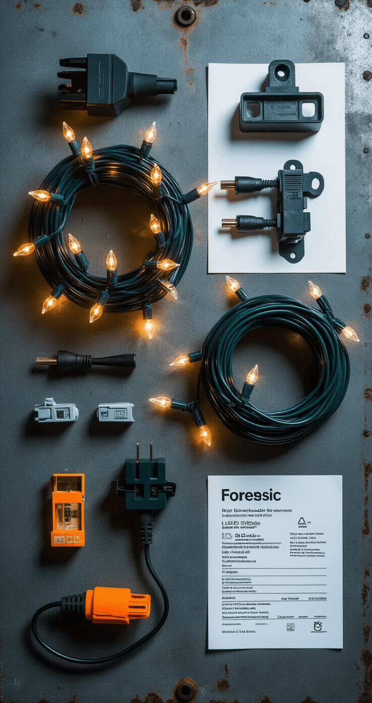 Forensic-style flat lay of outdoor Christmas light safety equipment on a metal surface, featuring UL-listed LED light strands, extension cords, GFCI adapters, mounting clips, and safety certification documents, with dramatic side lighting enhancing details and technical specifications.