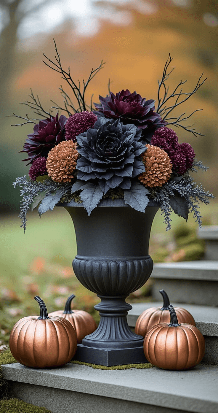 Moody autumn urn arrangement in soft overcast light featuring a dark plum and charcoal color palette, with a large metal urn filled with black ornamental kale and deep burgundy sedum, surrounded by muted metallic copper-painted pumpkins on concrete steps with moss and a blurred autumn landscape in the background.
