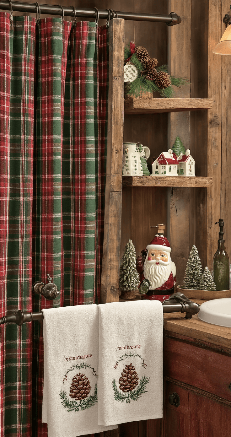 A rustic farmhouse-style bathroom decorated for the holidays, featuring warm wooden accents, a plaid shower curtain in deep green and red, a Santa-shaped soap dispenser, embroidered holiday hand towels, and vintage ornaments on distressed wood shelves, all illuminated by warm tungsten lighting.