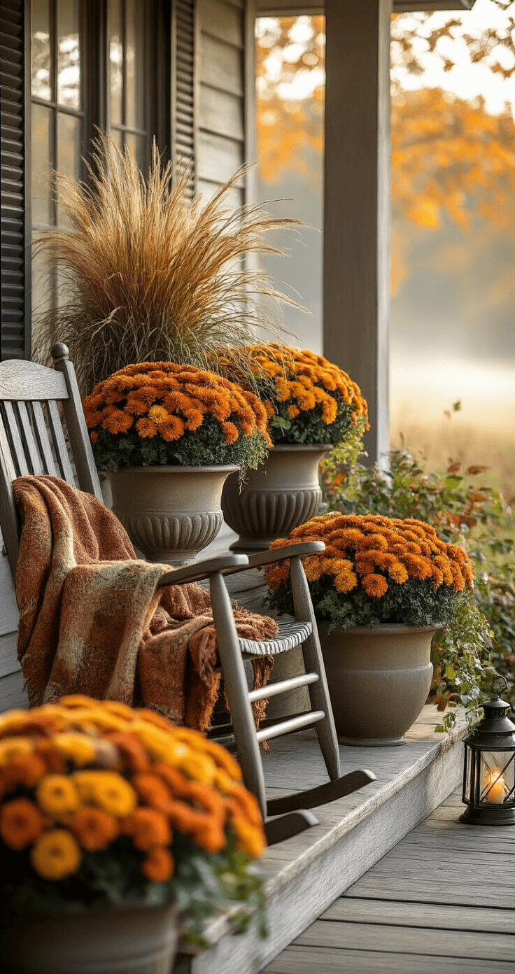 Rustic farmhouse front porch decorated for fall, featuring a variety of ornamental urns with grasses, mounded mums in burnt orange and golden yellow, and trailing ivy on wooden steps. A weathered rocking chair with a woven blanket sits nearby, alongside a vintage lantern. The scene is bathed in soft morning light, with long shadows and a misty autumn landscape blurred in the background.