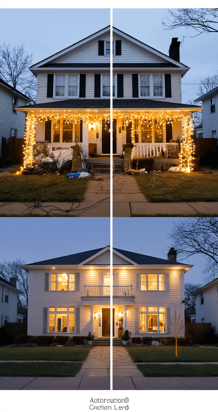 Before-and-after exterior home transformation showcasing cluttered incandescent Christmas lights on the left with tangled cords and dim lighting, contrasted with a beautifully arranged LED installation on the right featuring warm white illumination and professional-grade mounting, captured during twilight hour for dramatic effect.