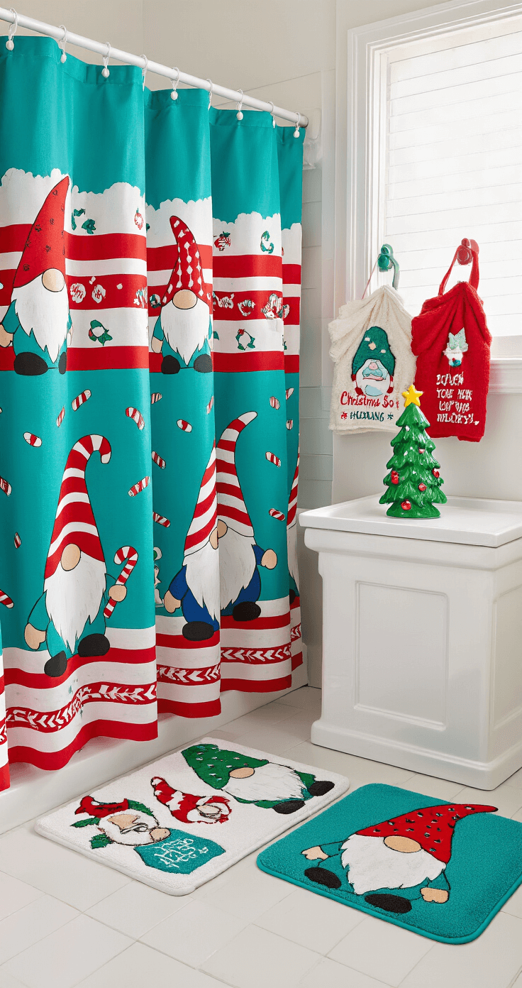 A whimsical bathroom scene decorated for Christmas with gnome-themed decor in teal, red, and white. The shower curtain features cartoon gnomes and candy cane stripes, while a Christmas tree-shaped soap dispenser sits on a white ceramic counter. A colorful bath mat with embroidered gnomes and quirky hand towels with holiday messages add humor, all under bright lighting that highlights the playful design.