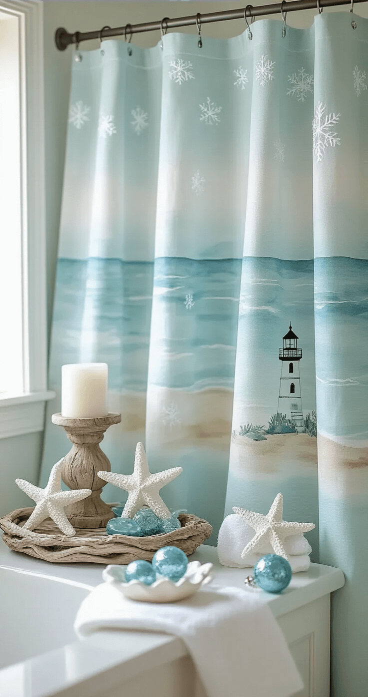 A coastal-inspired Christmas bathroom featuring an aqua and white color palette, with a watercolor beach scene shower curtain adorned with snowflakes, driftwood-style candle holders, nautical holiday accessories, a starfish soap dish, and linen hand towels with lighthouse motifs, all under soft morning light.