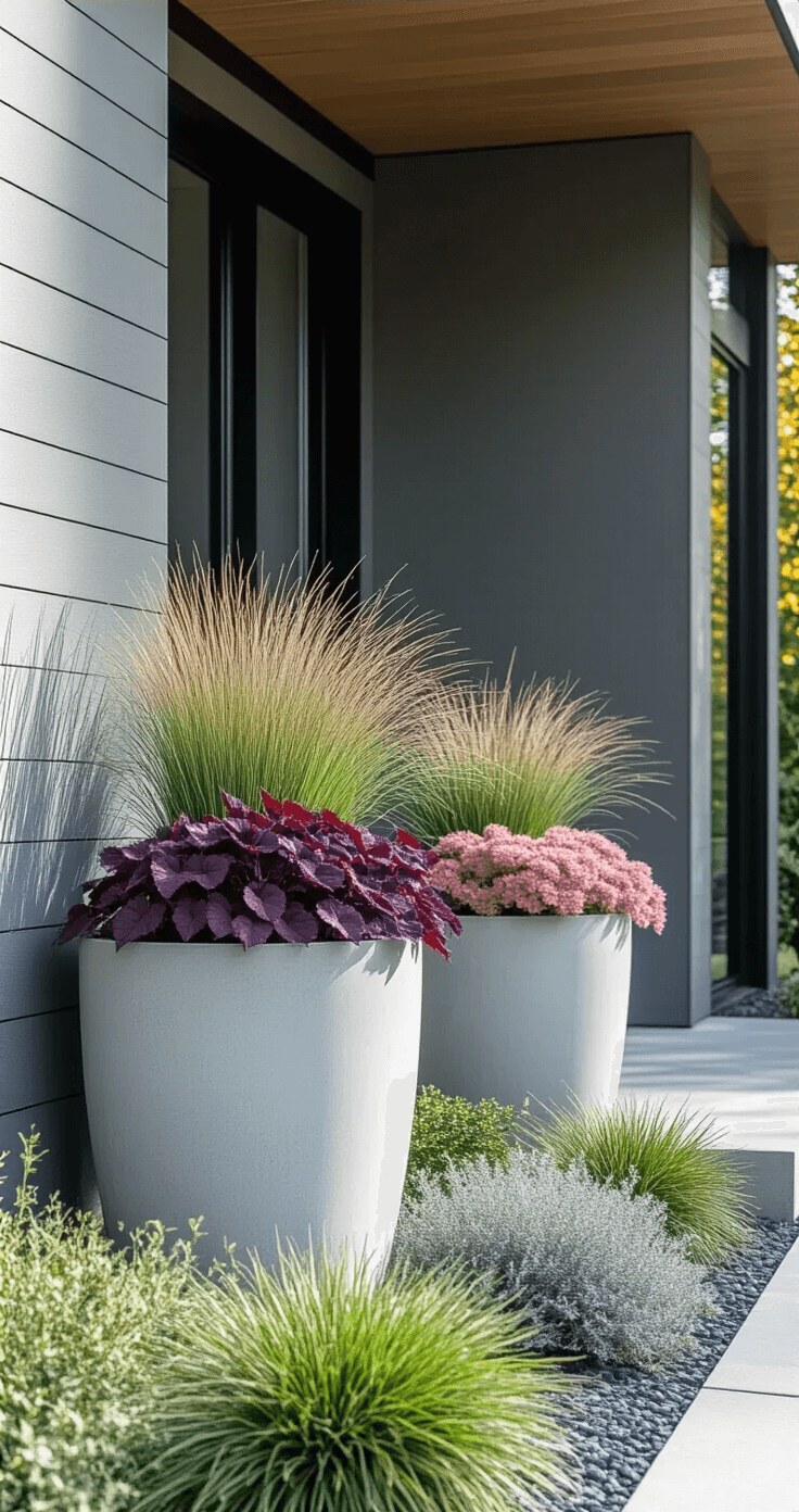 Minimalist front entrance of a modern gray-sided home with large glass door; sleek concrete urns featuring sage green grasses, dusty purple heuchera, soft pink sedum, and silvery trailing plants; captured in crisp mid-morning light highlighting sharp shadows and textures, arranged symmetrically to frame the entrance.