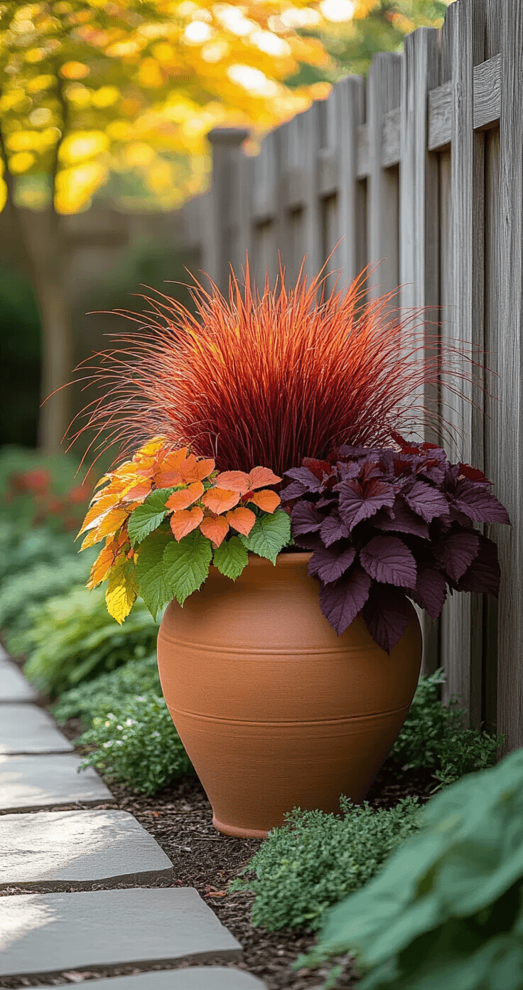 A cozy side yard featuring a large terracotta urn with vibrant Japanese blood grass in red-orange, surrounded by caramel coral bells, burgundy ornamental kale, and trailing chartreuse sweet potato vine, with a weathered wooden fence and dappled afternoon sunlight.