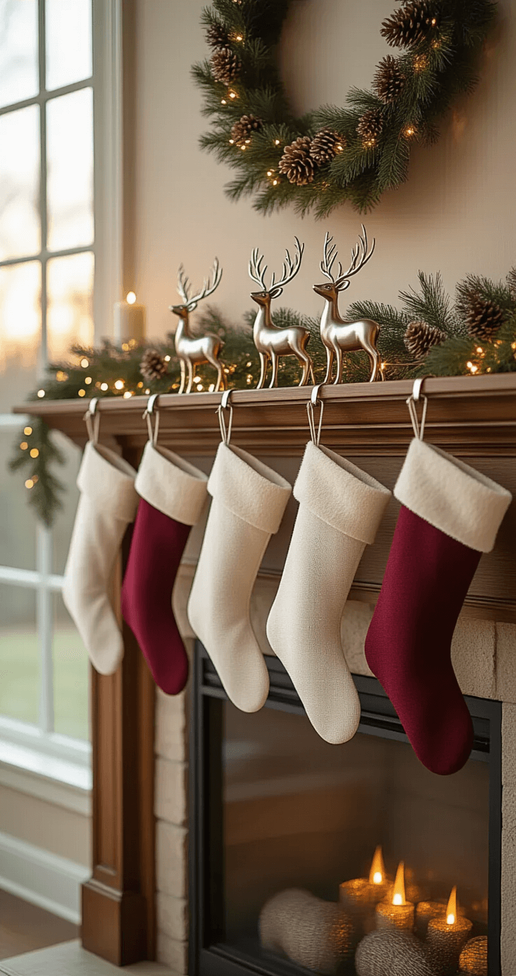 A luxurious living room mantel adorned with brushed nickel reindeer stocking holders, rich walnut wood, delicate garland, and muted cream and burgundy stockings, illuminated by warm golden hour light.
