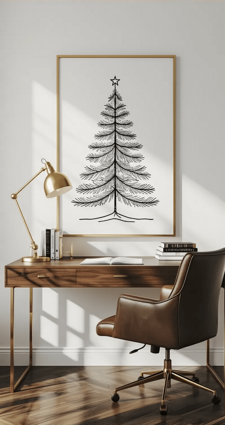 Elegant home office featuring a mid-century modern desk on dark walnut hardwood floors, a minimalist black and white line art Christmas tree framed in gold on a white wall, a brass desk lamp, a leather executive chair, and design books with gold foil edges, all captured in a panoramic view with warm neutral tones and soft overhead lighting.