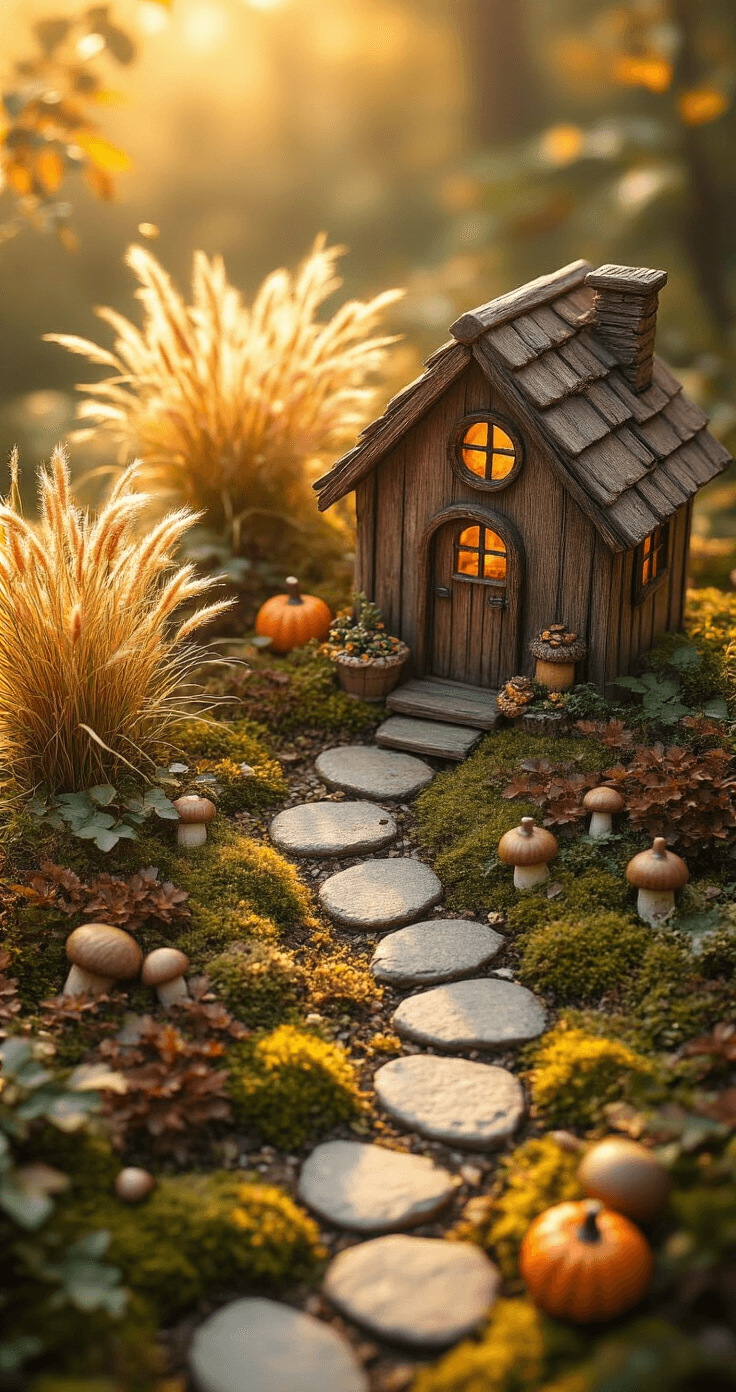 Photorealistic overhead view of a rustic fairy garden in autumn, featuring a wooden container, miniature pumpkin cottage, ornamental grasses, and a winding stone pathway among moss and sedum plants, illuminated by soft golden sunlight.
